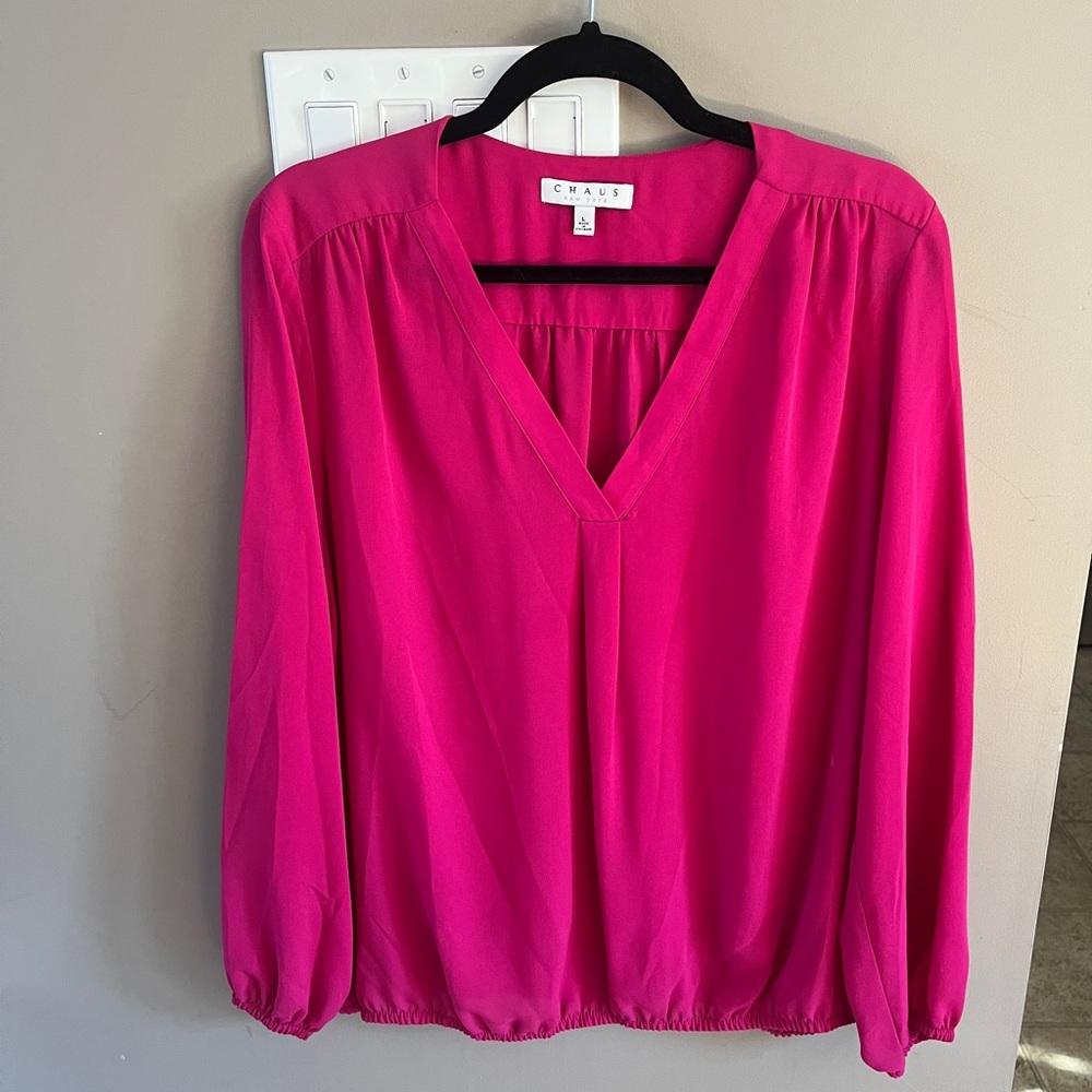 Chaus Fuchsia vibrant hot pink V-Neck Blouse
